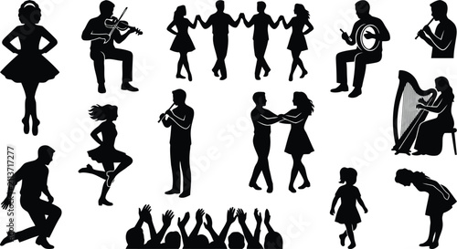 Bild auf Leinwand Irish dance and traditional music silhouettes featuring dancers, fiddlers, harpi