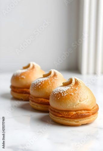 Three choux pastries on mar...