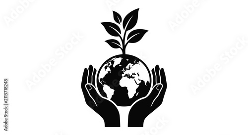 Cuadro en lienzo Hands Holding Globe With Plant Silhouette Against White Background