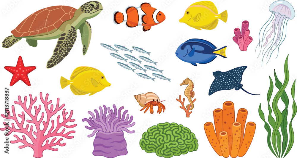 Obraz premium Tropical Coral Reef Marine Life Vector Element Collection with Sea Turtle, Fish, Jellyfish, and Aquatic Plants for Ocean Nature Designs