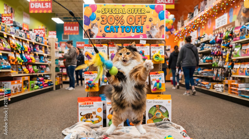 Cute dog sitting in pet store aisle surrounded by supplies. Adorable puppy shopping for toys and treats in retail shop.