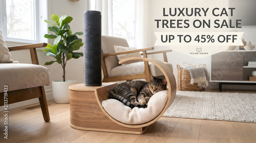 Luxury cat tree on discount sale up to 45 percent off. Premium feline tower with scratching posts and plush beds for home decor.