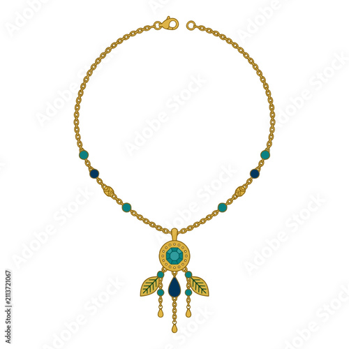 Ornate gold necklace with blue and green gemstones and leaf pendant