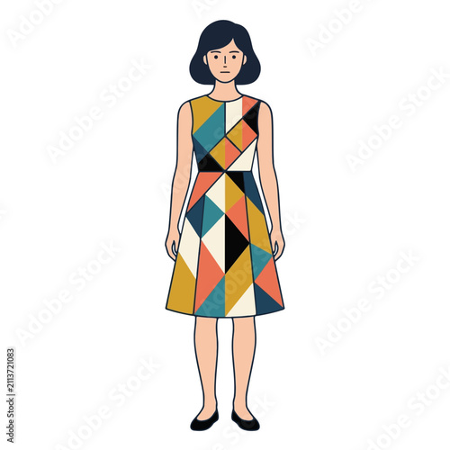 Woman in Geometric Pattern Dress