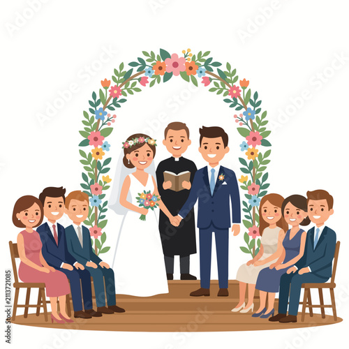 Wedding Ceremony Illustration with Bride Groom Officiant and Guests