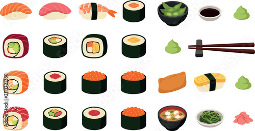 Foto Traditional Japanese sushi vector illustration set featuring maki rolls, nigiri with salmon and shrimp, gunkan ikura, miso soup, edamame, and chopsticks side dishes