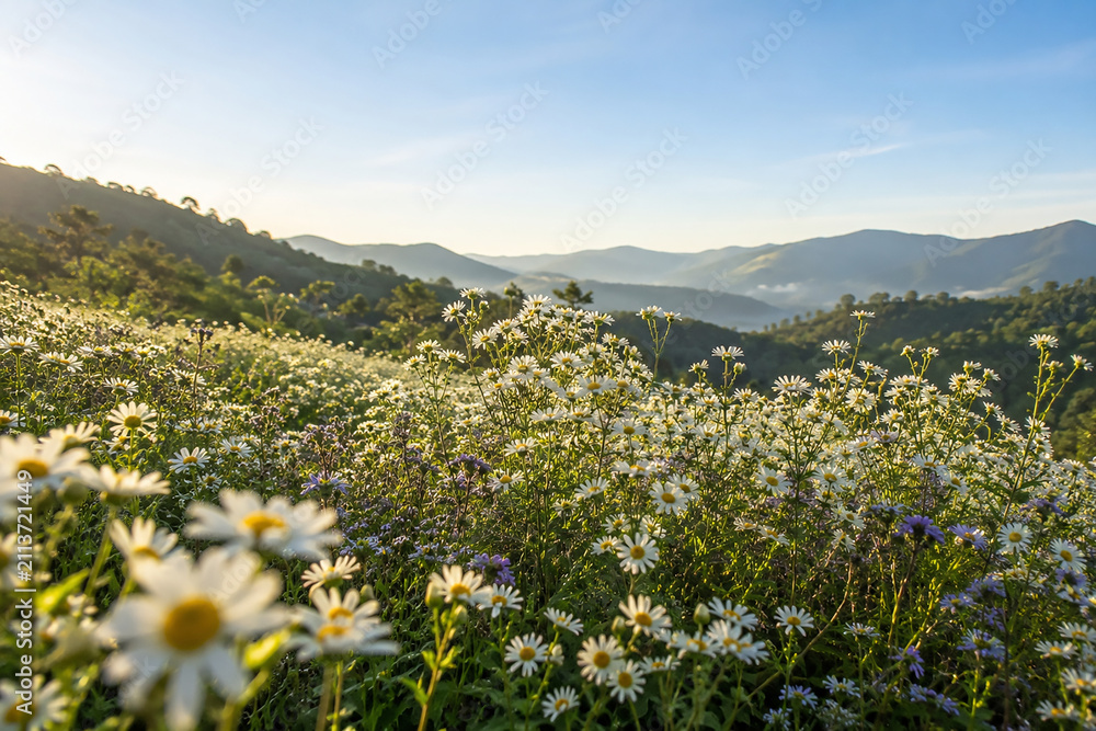 Obraz premium Blooming white wildflowers covering hillside meadow in highlands during golden morning light