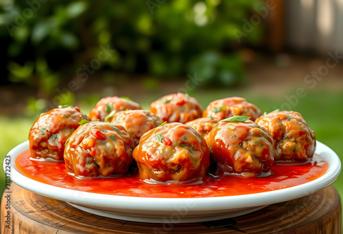 Plate of meatballs in tomat...