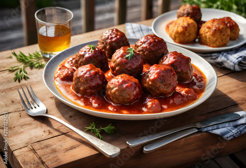 Plate of meatballs in tomat...