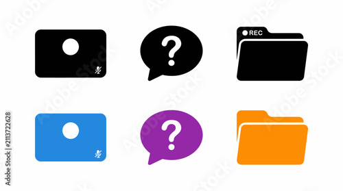 Multicolored icons set: camera, chat bubble, and folders with microphone symbols