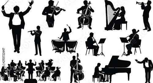 Bild auf Leinwand Black silhouettes of a symphony orchestra, including a conductor, violinists, ce