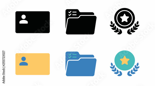 Collection of user profile card, document folder, and award badge icons