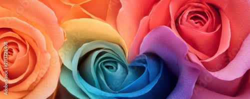 A close-up image of three vibrant roses in orange, rainbow, and pink hues showcasing intricate petal details and rich colors.