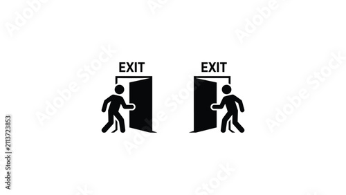 Silhouette pictogram of person walking through open door marked EXIT, symbolizing emergency exit, safety signage, evacuation route, universal wayfinding and public safety communication