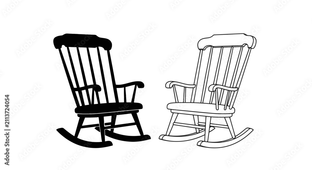 Fototapeta premium Vector illustration of black and white rocking chairs set on a transparent background
