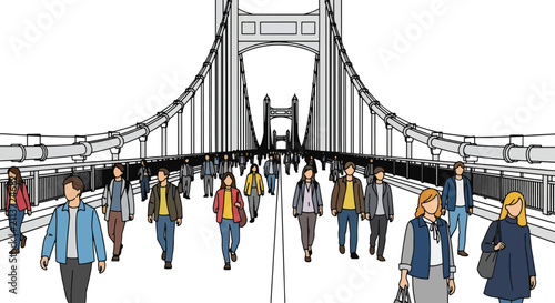 Pedestrian Bridge with Crowd: A bustling pedestrian bridge filled with people walking in both directions.