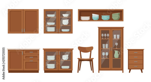 Bild auf Leinwand Wooden kitchen cabinets and furniture set against a white background a vector il