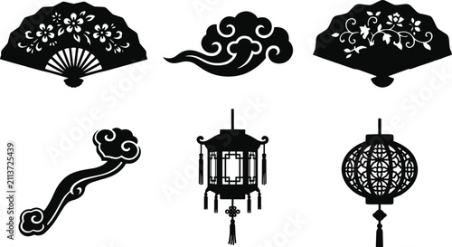 Traditional Chinese and Asian cultural elements vector collection featuring classic folding fans lanterns and auspicious cloud silhouette icon designs
