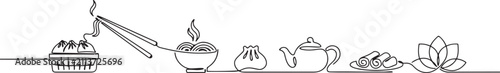 Fotografie Continuous One Line Drawing of Traditional Chinese Food Vector Illustration