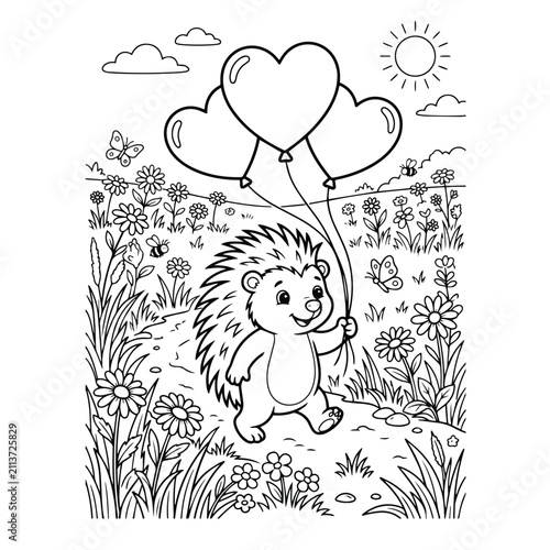 Canvas Print Cute cartoon hedgehog holding heart shaped balloons walking through a flowery me