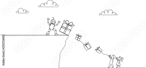 Fotografía Single continuous line drawing robot pushes the large gift box down with its back from the edge of cliff