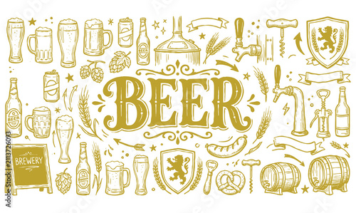 Vintage beer typography emblem with hand drawn brewery mug bottle barrel doodles set vector illustration