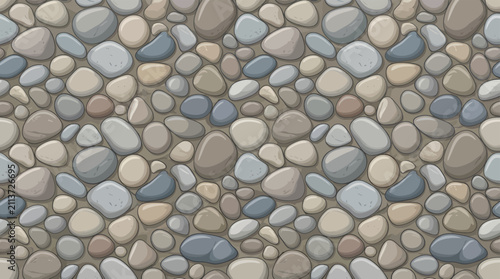 Natural pebble stone seamless texture with smooth rocks for landscaping wallpaper backgrounds and decorative surface design