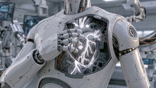 Humanoid robot stands inside laboratory with its open panel and glowing heart microchip with intricate electronic wiring. Futuristic robot, artificial intelligence, advanced robotics and engineering 