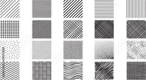 Hand drawn sketch texture set featuring various geometric patterns lines dots and crosshatch strokes for graphic design