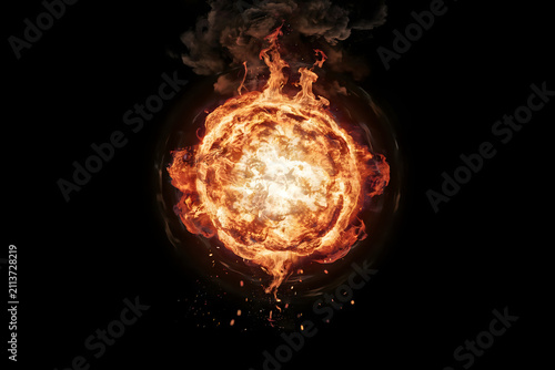 Glowing circular fire explosion with bright orange flames and swirling smoke isolated on a solid black background, for visual effect overlays