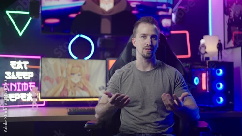 Anituber influencer streaming from anime manga geek neon lights gaming room