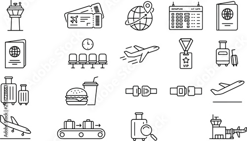 Canvastavla Travel and airport transportation line icon set with check in airplane transport