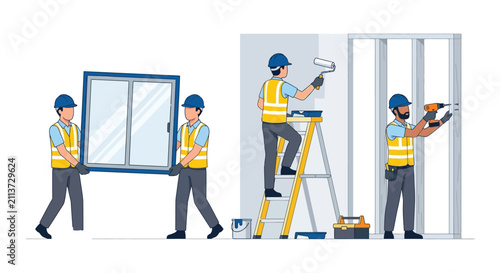 Construction workers installing a window and painting a wall a colorful vector illustration building renovation installation painter