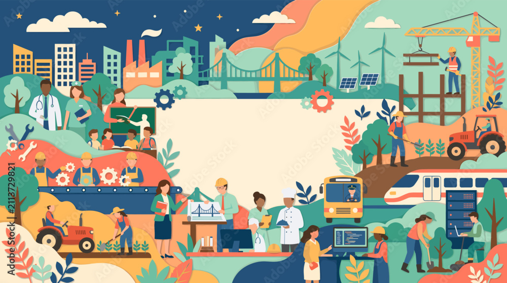 Obraz premium Vibrant labor day poster celebrating a diverse workforce, economic growth, and sustainable development across various industries and communities, highlighting collective effort and progress