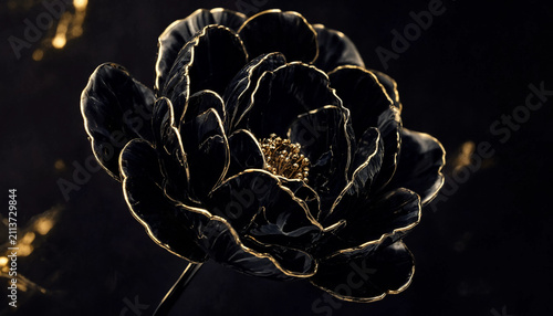 Macro shot of a dark black flower petal with golden edges and shimmering light shimmering botanical reflection lighting aesthetic background contrast dramatic sophisticated abstract