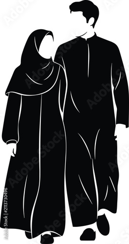 Foto Silhouette of Muslim Couple Walking Together in Traditional Islamic Clothing