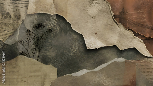 Vintage collage background featuring torn paper scraps aged parchment textures historical newspaper clippings and artistic botanical elements in muted earth tones