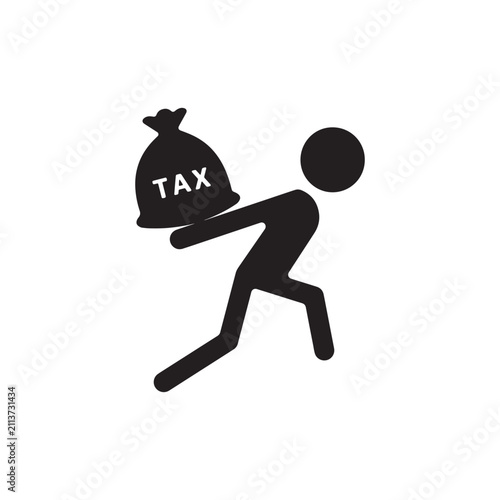 Man carrying a bag of money labeled TAX