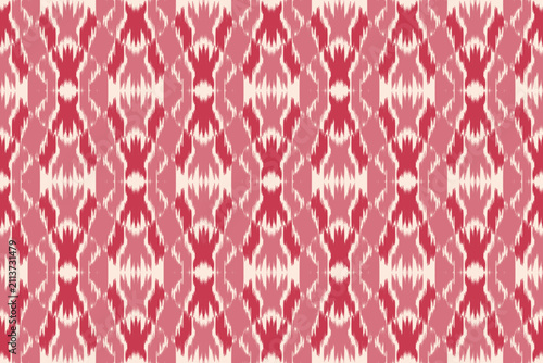 Seamless Red and Pink Ikat Pattern Vector, Ethnic Crimson Geometric Motif Fabric, Traditional Tribal Chevron Textile Art, Central Asian Dye Silhouette Wallpaper Print
