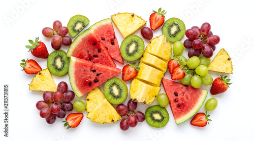 A colorful and fresh assortment of sliced watermelon, kiwi, pineapple, strawberries, and grapes arranged artfully on a clean white background.