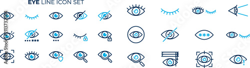 Set of eye line icons representing vision observation security sight and view linear vector symbols isolated on white background