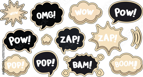 Schilderij op canvas Comic book style speech bubbles with sound effects like pow, zap, bam, pop, boom, and omg in