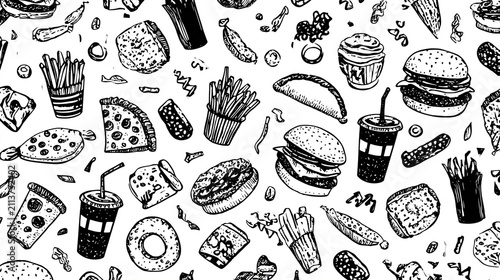 Hand drawn fast food pattern illustration in black and white.