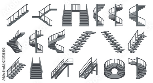 Assorted Staircases Collection Gray Vector Illustration With Transparent Background For Architectural Design stairs staircase steps flights spiral