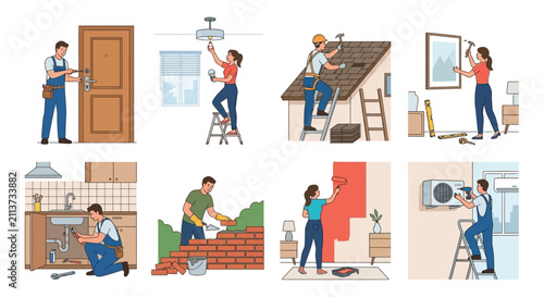 Home renovation illustrations depicting various tradespeople performing maintenance and repair work vector style improvement construction workmen craftsmen