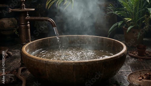 Water Flowing From a Decorative Spout Into a Bowl While Smoke Rises in a Dim ...