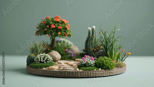 Small Garden Scene With Plants, Stones, and a Tree on a Round Tray