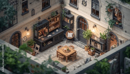 Cozy Outdoor Space With Table and Plants in a Courtyard Setting