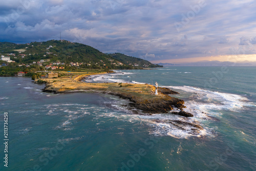 Aerial drone panorama landscape of Yason Burnu (aka Cape Yason) and its lighthouse. Located at Persembe, Ordu, Black Sea region of Turkey