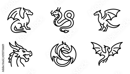 Принти на полотні Mythical Dragon Icons, Fantasy Creature Line Art Set, Legendary Beast Vector Gra